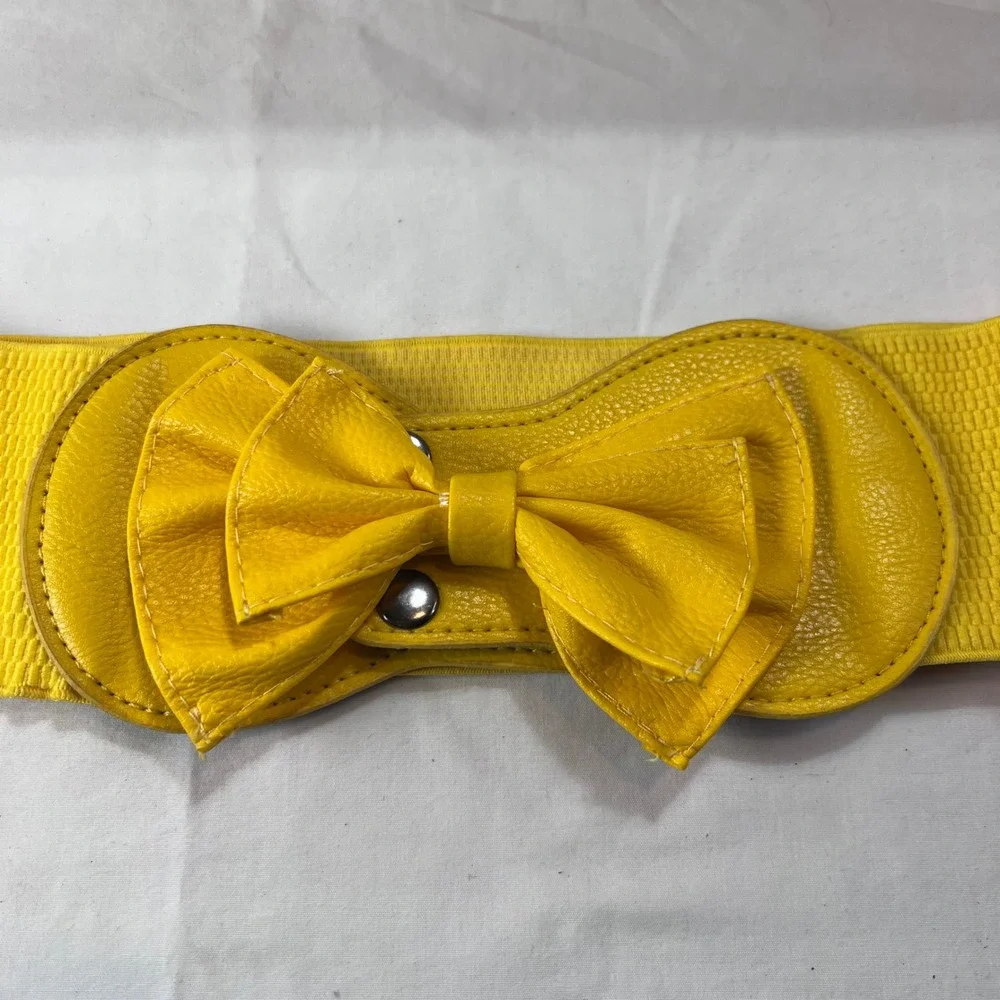 Yellow Elastic Cinch Waist Belt with Faux Leather Bow Detail Snap Closure 25.5in